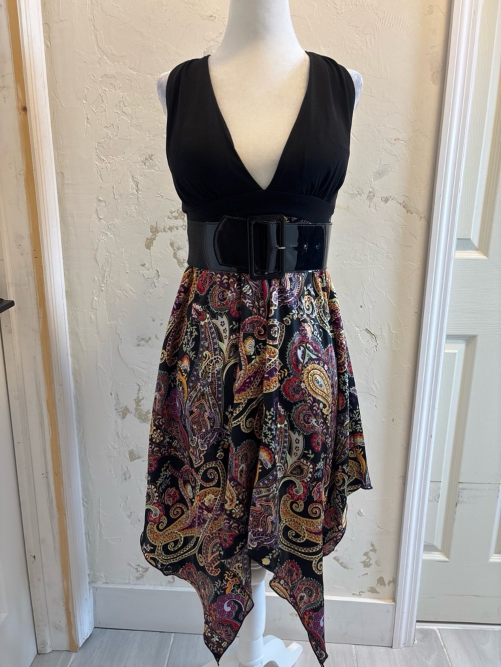 XOXO Y2K Black Top Paisley Asymmetrical Hem Dress SZ S